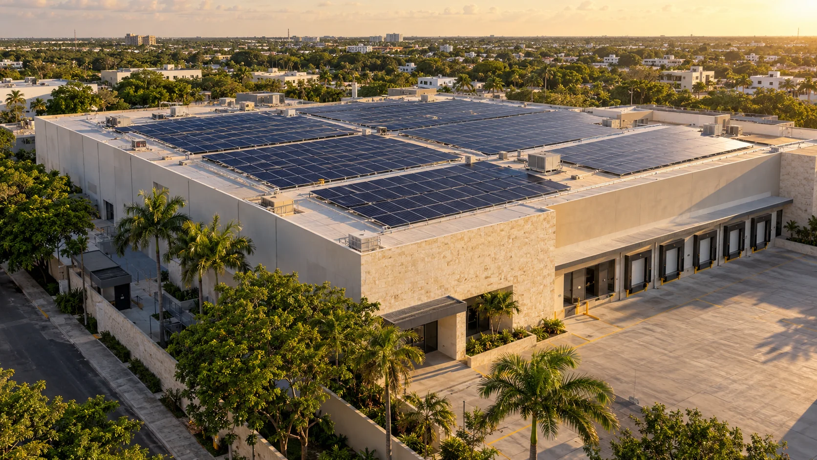 Escena ilustrativa de un techo comercial con paneles solares en un entorno tropical